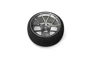 Spektrum Aluminium Wide Spoke Transmitter Wheel in gunmetal grey with a black foam grip, viewed from the front against a white background.