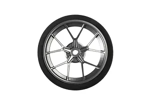 Gunmetal grey aluminium wide spoke transmitter wheel with a black foam grip isolated on a white background.