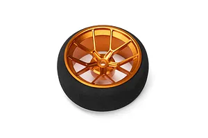 Spektrum orange aluminium wide spoke transmitter wheel with black foam grip isolated on a white background.