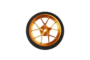 Spektrum orange aluminium wide spoke transmitter wheel with a black foam grip isolated on white.
