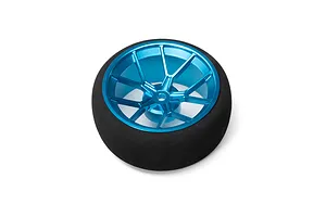 Spektrum aluminium wide spoke transmitter wheel in blue with a black foam grip on a white background.