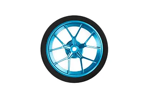 Spektrum blue aluminium wide spoke RC transmitter wheel with black foam grip on white background.