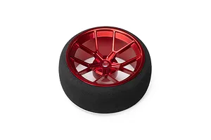 Red anodized aluminium wide spoke transmitter wheel with a black foam grip on a white background.
