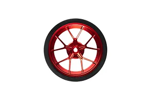 Spektrum red aluminium wide spoke transmitter wheel with a black foam grip isolated on white.