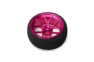 Spektrum aluminium wide spoke transmitter wheel in pink with a black foam grip on a clean white background.