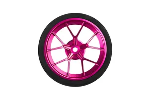 Front-facing studio shot of a pink aluminium wide spoke transmitter wheel with a black foam grip.