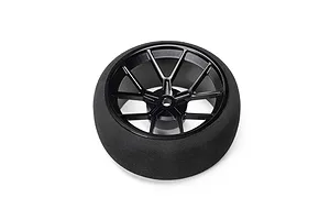Spektrum black aluminium wide spoke transmitter wheel with a foam tyre against a white background.