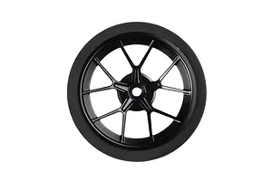 Spektrum black aluminium wide spoke transmitter steering wheel with foam grip against a plain white background.