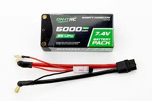 On-It RC 7.4V 5000mAh 2S Hard Case Shorty LiPo battery shown with its included wiring harness on a white background.
