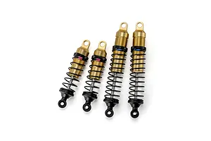 A set of four gold and black RC car shock absorbers laid out on a clean white background.