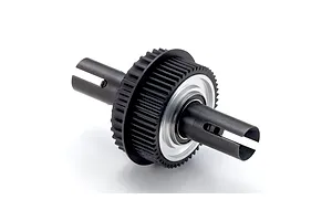 Assembled RC gear differential and outdrives with black pulley gear and metal components on a white background.