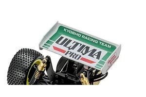 Close-up of the rear wing and shock absorbers on a Kyosho Ultima Pro 1/10 scale RC buggy.