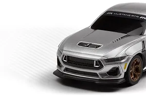 Close-up studio shot of the front-left corner of a silver HPI Nano-TTR Ford Mustang Spec 5 RC car body.