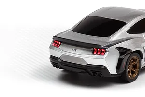 Close-up rear angle view of the silver HPI Nano-TTR Ford Mustang Spec 5 RC car showcasing illuminated red tail lights.