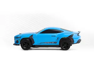 Side view of the blue HPI Nano-TTR Ford Mustang Spec 5 1/64 scale RC car against a white background.