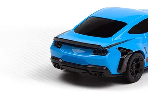 Rear close-up studio shot of the blue HPI Nano-TTR Ford Mustang RC car showing spoiler, exhaust tips, and rear wheel.