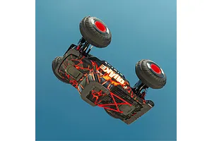 ARRMA Quake 4S RC monster truck performing an aerial jump against a clear blue sky background.