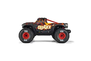 Side view studio shot of the ARRMA Quake 4S RC monster truck in red and black livery against a white background.