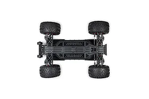 Bottom-up view of the ARRMA 1/8 Scale RTR electric brushless 4WD RC monster truck chassis against a white background.