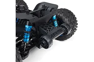 Close-up studio view of the rear chassis, blue anodized shocks, and wheelie bar of the ARRMA 1/8 scale RC truck.