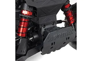 Close-up view of the rear suspension and skid plate on an ARRMA 1/8 scale RC monster truck featuring red anodized shocks.