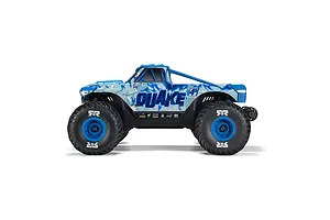 Studio side profile shot of the ARRMA Quake 4S blue monster truck RC car against a white background.
