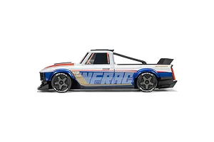 Studio side-profile view of the ARRMA Infraction 3S white, blue, and red RC street truck on a clean white background.