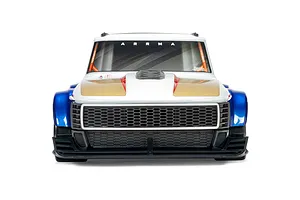 Front view of the ARRMA Infraction 3S RC car featuring a white, blue, and gold body with a detailed grille and ARRMA branding.