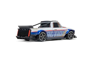 ARRMA Infraction 3S RC truck in white, blue, and red livery seen from a rear three-quarter studio angle.
