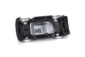 Underside view of the ARRMA Infraction 3S RC car body shell in white, showing plastic chassis armor and text.