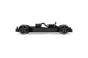 Low angle side profile studio shot of the ARRMA Infraction 3S RC car chassis showing electronics and Hoons tires on a white background.