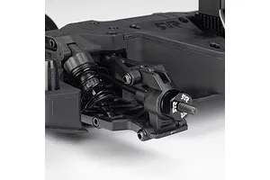 Close-up studio view of the front suspension, shock absorber, and wheel hub assembly on an ARRMA RC car.