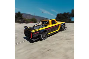 ARRMA Infraction 3S RC truck driving fast on an outdoor paved surface with motion blur background.