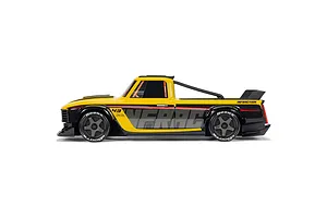 Studio side profile view of the yellow ARRMA Infraction Grom 3S RC street bash truck on a white background.