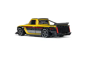 Rear three-quarter studio shot of the ARRMA Infraction Grom 3S RC car in yellow and black livery against a white background.