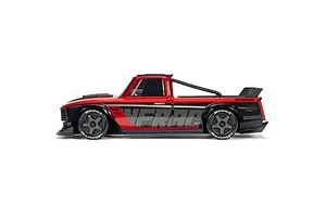 Studio side profile shot of the ARRMA Infraction Grom 3S electric RC car in red and black with custom street styling.