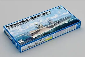 Trumpeter 1/700 scale H.M.S. Queen Elizabeth aircraft carrier plastic model kit box in studio lighting.