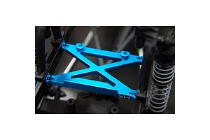 Yeah Racing blue aluminium rear H brace installed on an RC car chassis near suspension components.