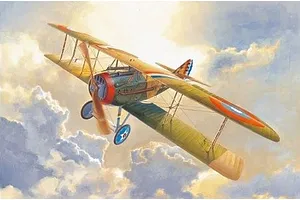 Painted artwork of a vintage biplane fighter aircraft flying through a cloudy sky with the sun shining behind it.