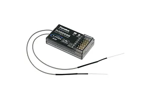 Futaba R3006SB receiver with dual antennas and pin connectors on a clean white background.