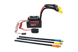 Rocket RC 160A brushless electronic speed controller with cooling fan, power switch, dual battery wires with XT90 connectors, and loose motor wire leads.