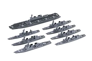 Completed Fujimi 1/3000 scale model kit of the JMSDF Escort Flotilla 1 showing several grey naval ships against a white background.