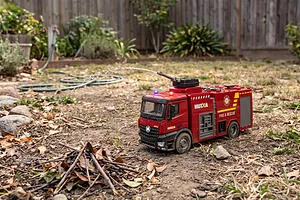 Huina 1562 RC fire truck spraying water from its roof cannon in an outdoor backyard setting.