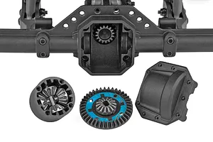 Element RC Gaterunner rear axle assembly showing internal differential gears and housing cover on a white background.