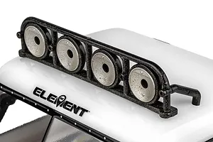 Close-up of the black plastic roof light bar mounted on the white cab of the Element RC Gaterunner trophy truck with Element logo visible.