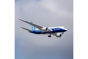 E-Flite Micro Boeing 787 Dreamliner RC plane in flight against an overcast sky, showing its blue and white livery.