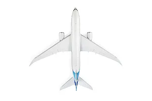 Top-down view of the E-Flite Micro Boeing 787 Dreamliner RC airplane in white with blue tail details against a clean white background.