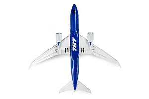 Top down studio view of the E-Flite Boeing 787 Dreamliner micro RC airplane showing its blue and white livery.