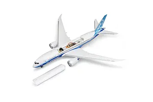 E-Flite Micro Boeing 787 Dreamliner RC airplane with its upper fuselage hatch removed to show internal electronics against a white background.