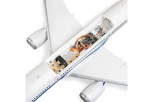 Top-down studio view of the E-Flite micro RC plane showing the interior electronics, receiver board, and battery tray with Velcro strap inside the white fuselage.